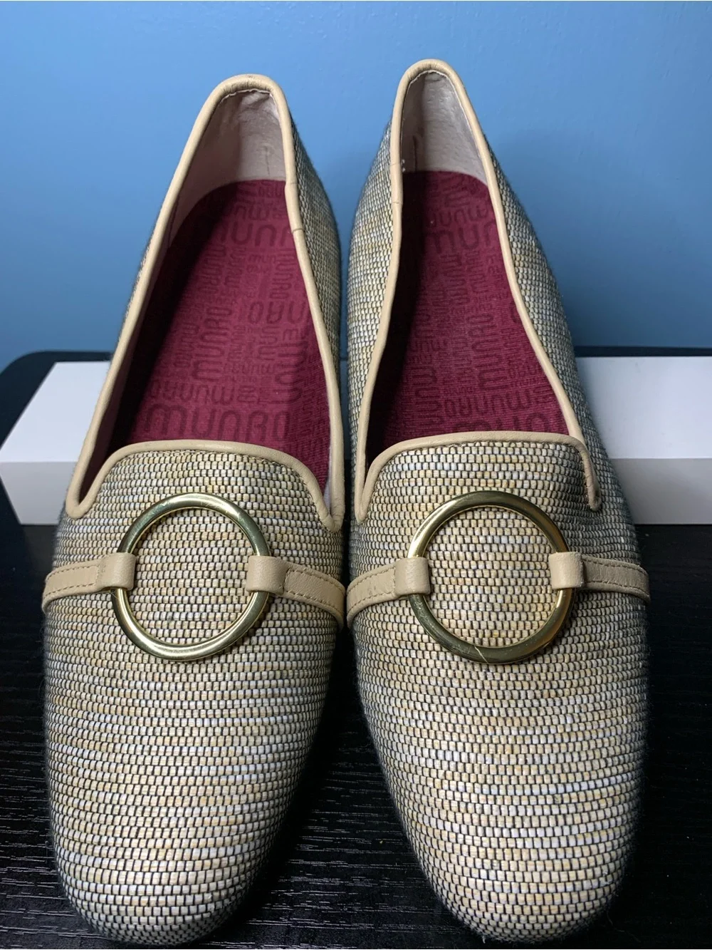 Munro Beige Woven Loafers with Gold Ring